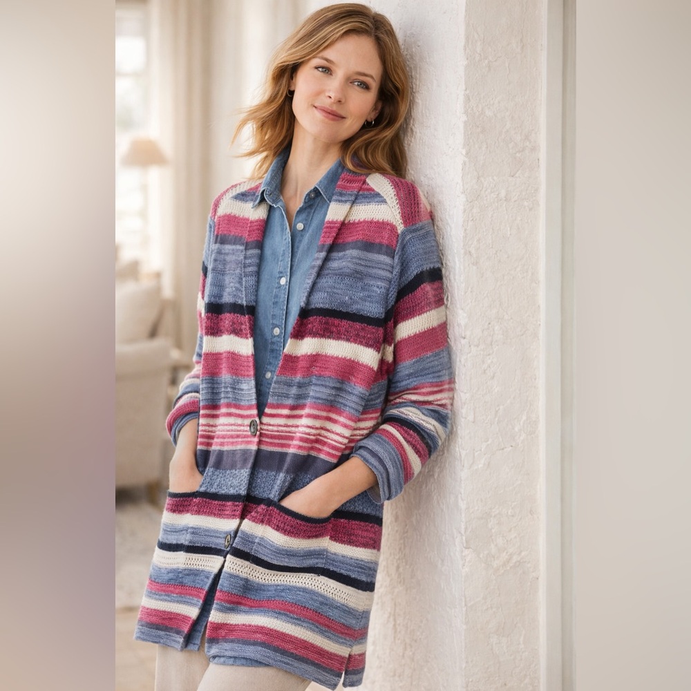 J. Jill Striped Knit Cardigan Sweater | Blue Pink Cream | Size Large